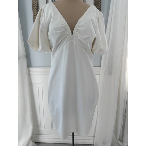GUESS White V-Neck Ruched Bust Puff Sleeve Midi Dress Size 14 - Picture 5 of 5